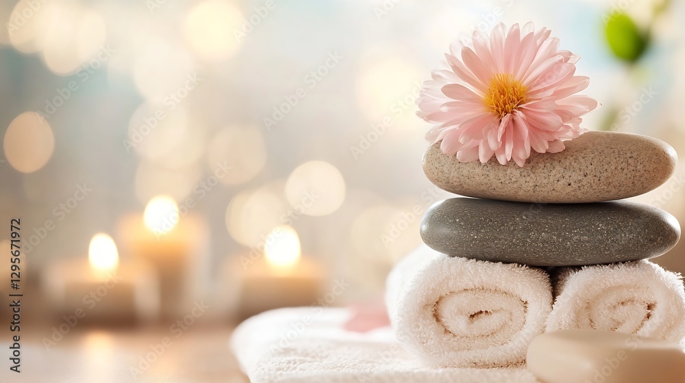 Poster Zen Spa Setting with Smooth Stones and Pink Flower on Soft Towel Background : Generative AI