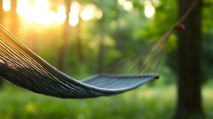 Hammock Hanging Between Trees with Soft Morning Light Filtering Through Leaves : Generative AI