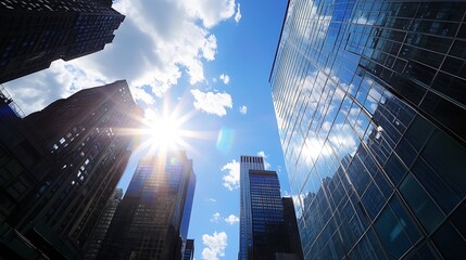 Stunning urban skyline with sun rays shining down through skyscrapers against a blue sky : Generative AI