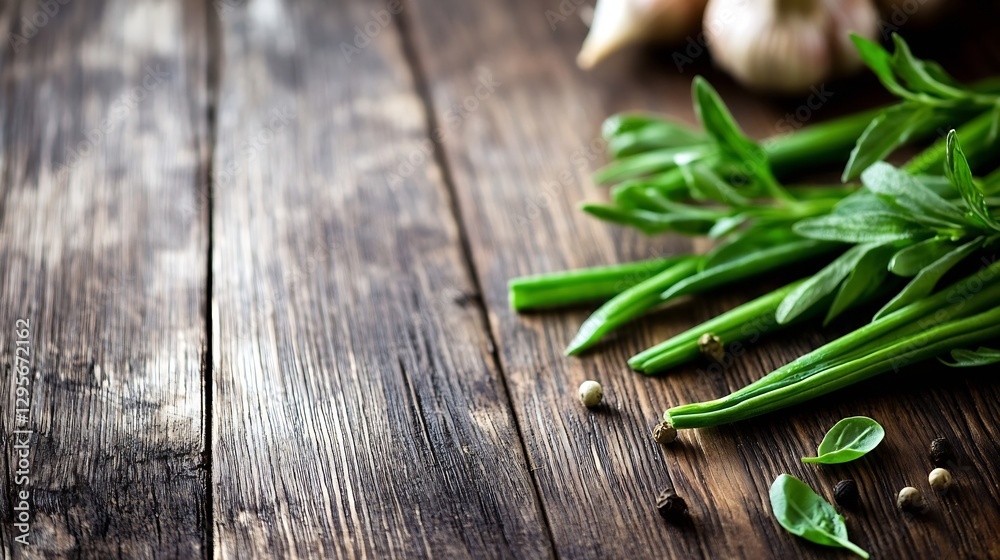 Poster fresh green onions and garlic on rustic wooden table surface : generative ai