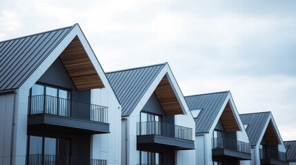 A row of modern townhouses with gray metal roofs and white walls, each house has an exterior balcony on the second floor Generative AI