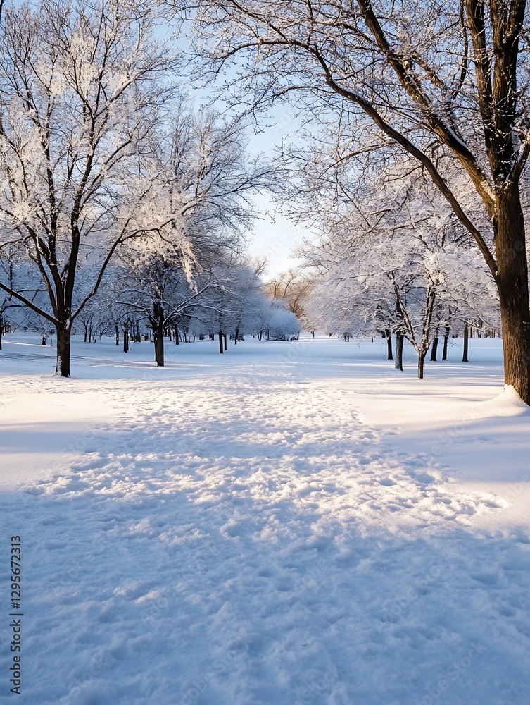 Poster Winter Wonderland Path Through Snow Covered Trees Under a Bright Sky : Generative AI