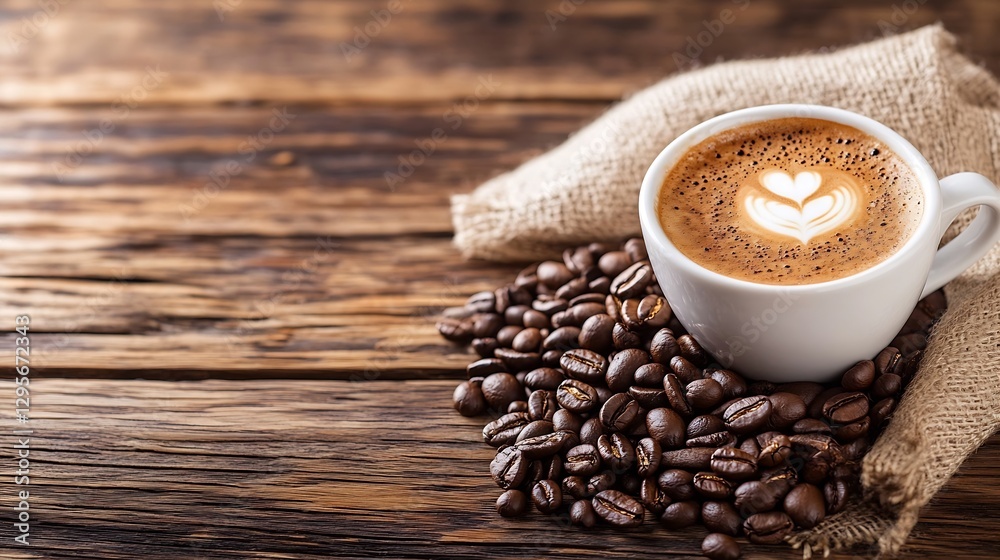 Poster artisan coffee in a stylish white cup with smooth surface and coffee beans on rustic wooden table : 