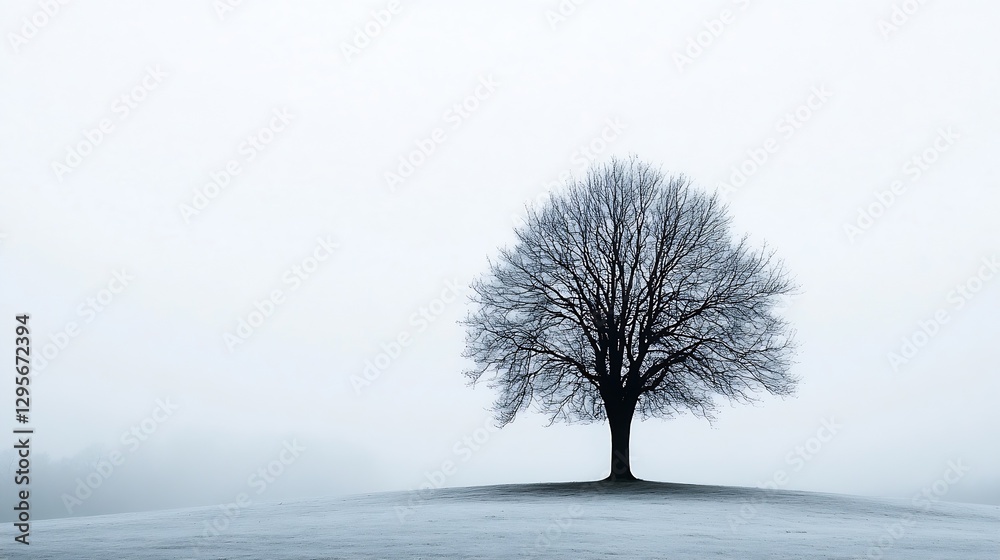 Poster Solitary tree standing tall in a misty landscape evoking serenity and introspection in a quiet scene : Generative AI