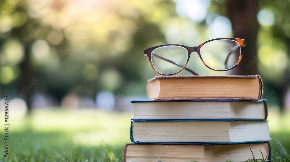 Poster stack of colorful books with stylish glasses resting on top in a peaceful outdoor garden setting : g