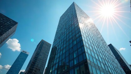 Obraz premium Glass facade of high-rise commercial building in city center, skyscraper, modern, corporate