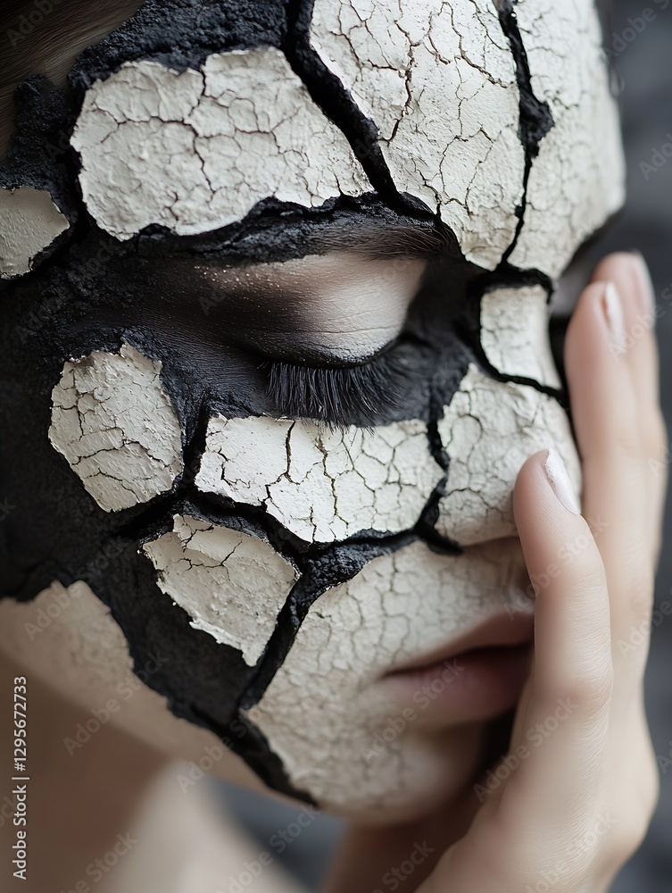 Poster an artistic representation of a face covered in cracked paint that evokes emotions of fragility and 