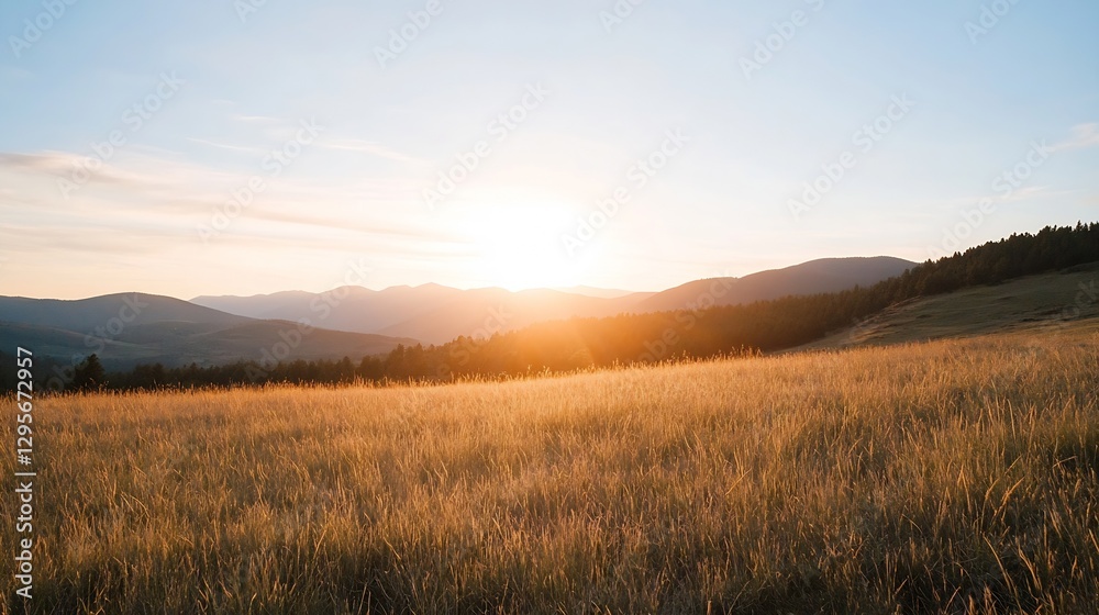 Poster golden sun setting over rolling hills casting warm light on a tranquil grassy field : generative ai