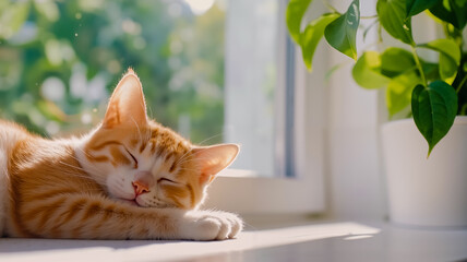 An orange cat sleeping on a window sill