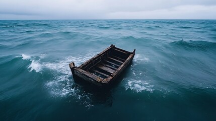 Lonely Weathered Boat Floating on Dark Turbulent Ocean Waves : Generative AI