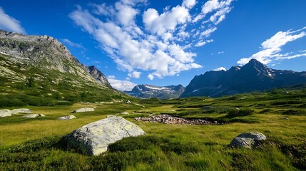 Fototapeta premium Mountain range with majestic peaks under a bright blue sky showcasing natural beauty and tranquility : Generative AI