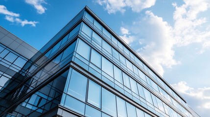 Obraz premium Modern Glass Building with Reflective Facade Against Blue Sky and White Clouds : Generative AI