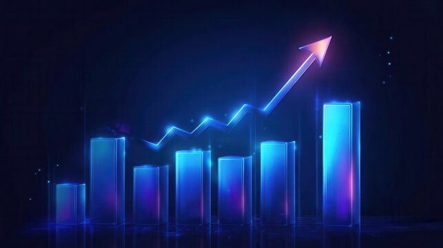 Ascending blue bar chart with a bold arrow rising to the top minimalistic and impactful design emphasizing progress and achievement