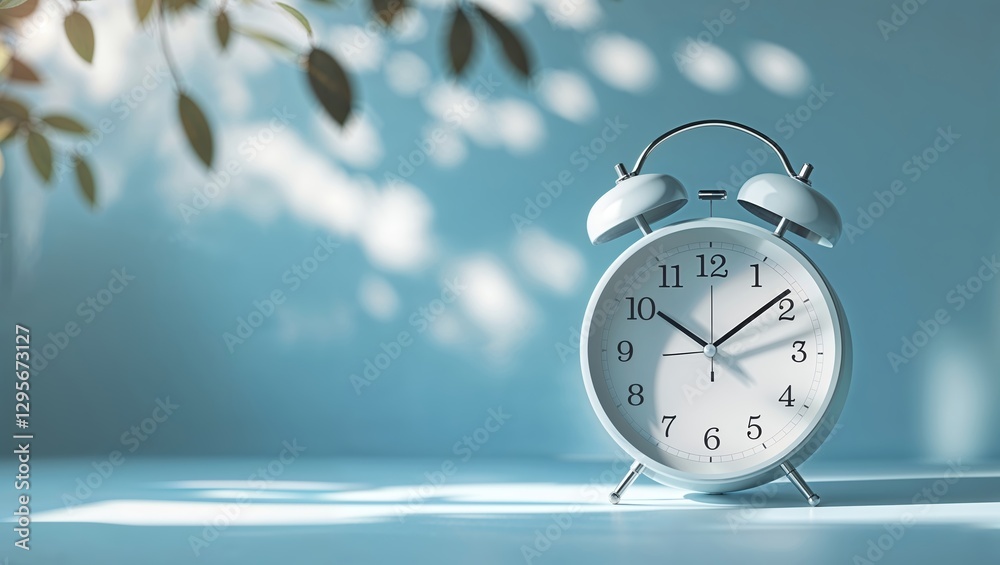 Poster classic white alarm clock displaying time in a serene setting with soft light and shadows in the bac
