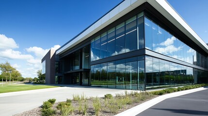 Obraz premium Spectacular contemporary office building with sleek glass design and beautiful surroundings : Generative AI