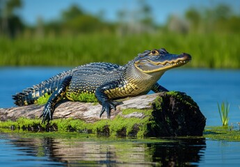 Majestic Alligator Sunbathing on a Mossy Log in a Serene Wetland Landscape with Lush Greenery and Calm Waters Under a Clear Blue Sky