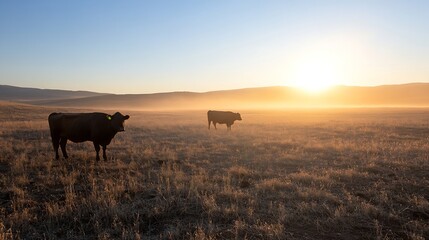 Serene Cows Grazing in a Golden Meadow Under a Stunning Sunrise in a Beautiful Landscape : Generative AI