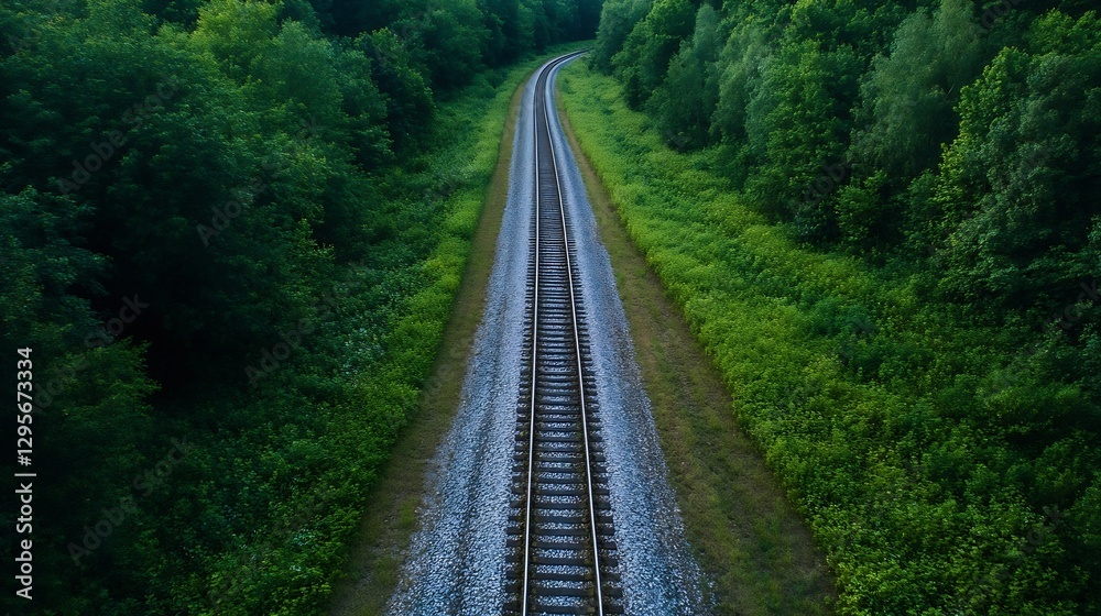 Poster aerial view of train tracks surrounded by lush green forest in the daylight : generative ai