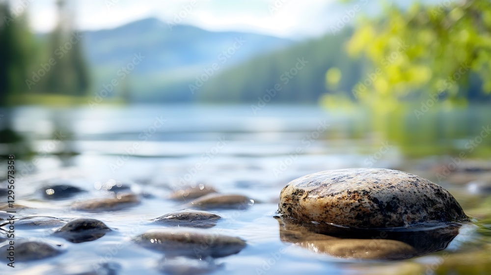 Aufkleber calm lake water reflecting mountains with smooth stones creating a peaceful nature scene in daylight