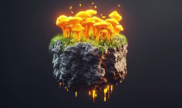 Glowing mushrooms on floating rock with fiery drips
