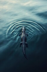 Majestic Alligator Swimming Gracefully Through Calm Waters, Creating Gentle Ripples in the Reflections of a Beautiful Serene Landscape