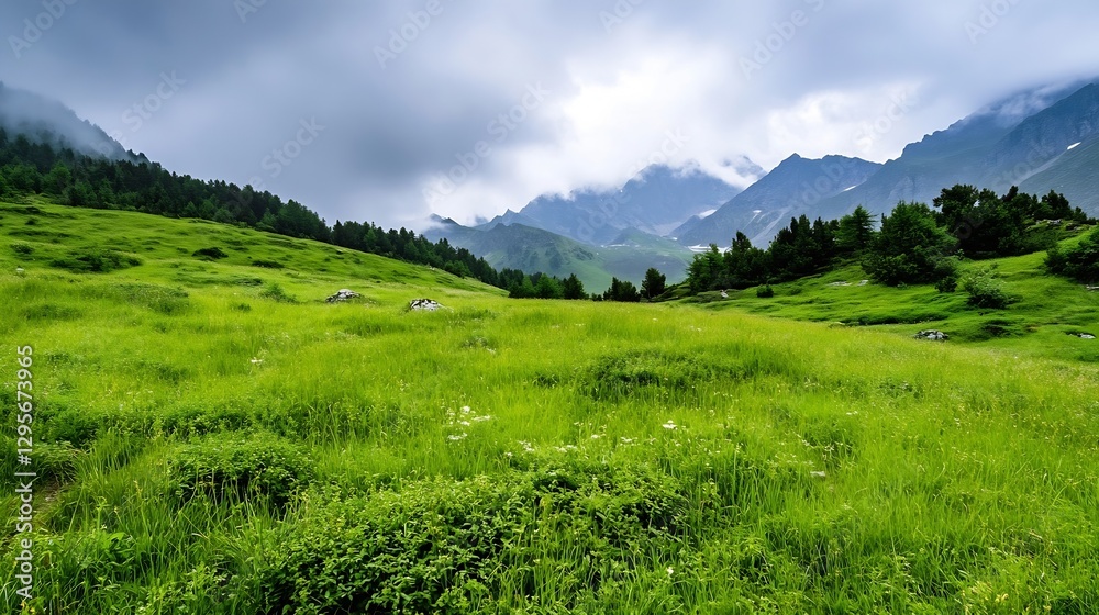 Poster vast green meadow surrounded by majestic mountains and cloudy skies under a serene atmosphere : gene