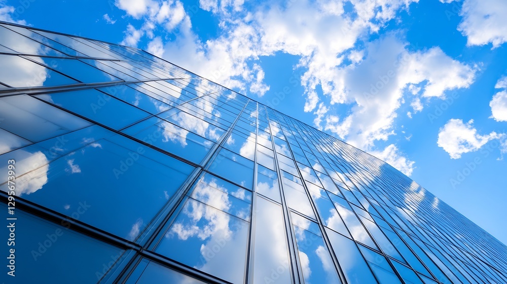 Poster Modern Building with Reflective Glass Windows and Dramatic Cloudy Sky in Urban Setting : Generative AI