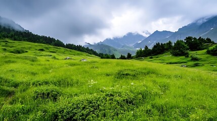 Fototapeta premium Vast green meadow surrounded by majestic mountains and cloudy skies under a serene atmosphere : Generative AI