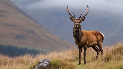 Fototapeta premium Majestic Stag Standing Proudly in a Misty Landscape with Rolling Hills and Soft Grass : Generative AI