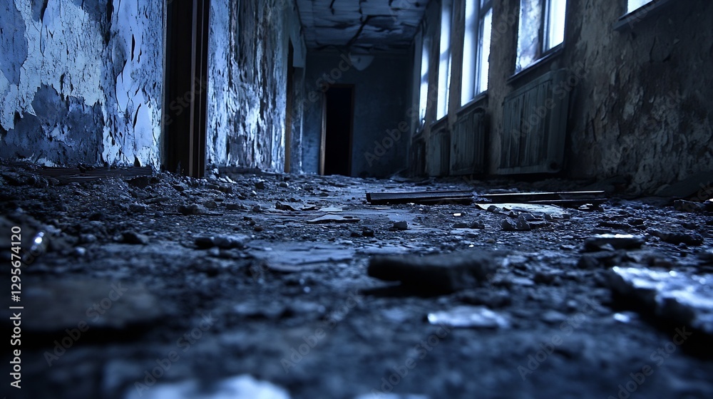 Poster eerie abandoned hallway with crumbling walls and broken windows : generative ai