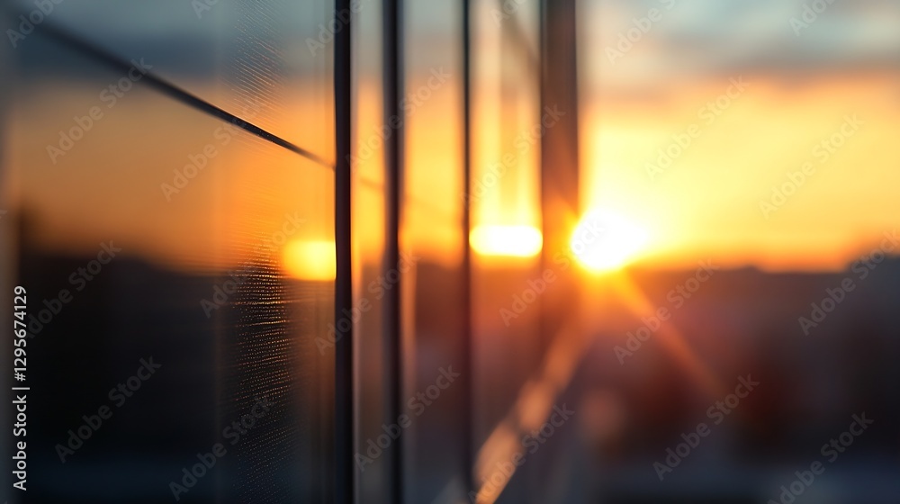 Poster Stunning sunset view through glass window reflecting warm colors and creating a tranquil atmosphere : Generative AI