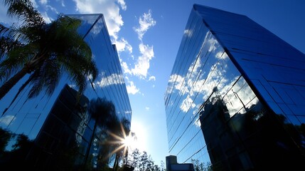 Beautiful Reflection of Trees and Clouds on Modern Glass Tower : Generative AI