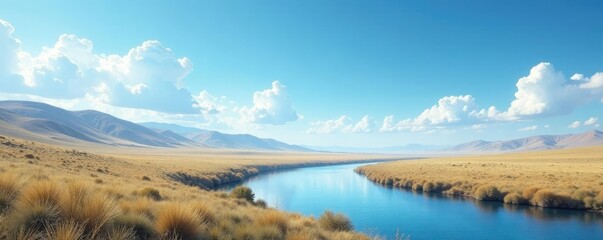 Gentle wisps of cloud drift lazily across an expansive blue sky over rolling steppes and glinting river water, drifting clouds, natural scenery