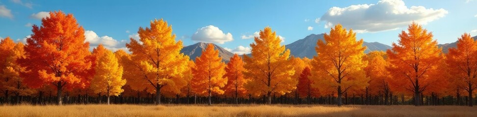 Fototapeta premium Golden hues of maple trees against a blue sky, tree colors, autumn colors