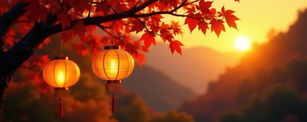Golden lanterns hanging from a tree branch at dusk, autumn leaves, light, golden glow