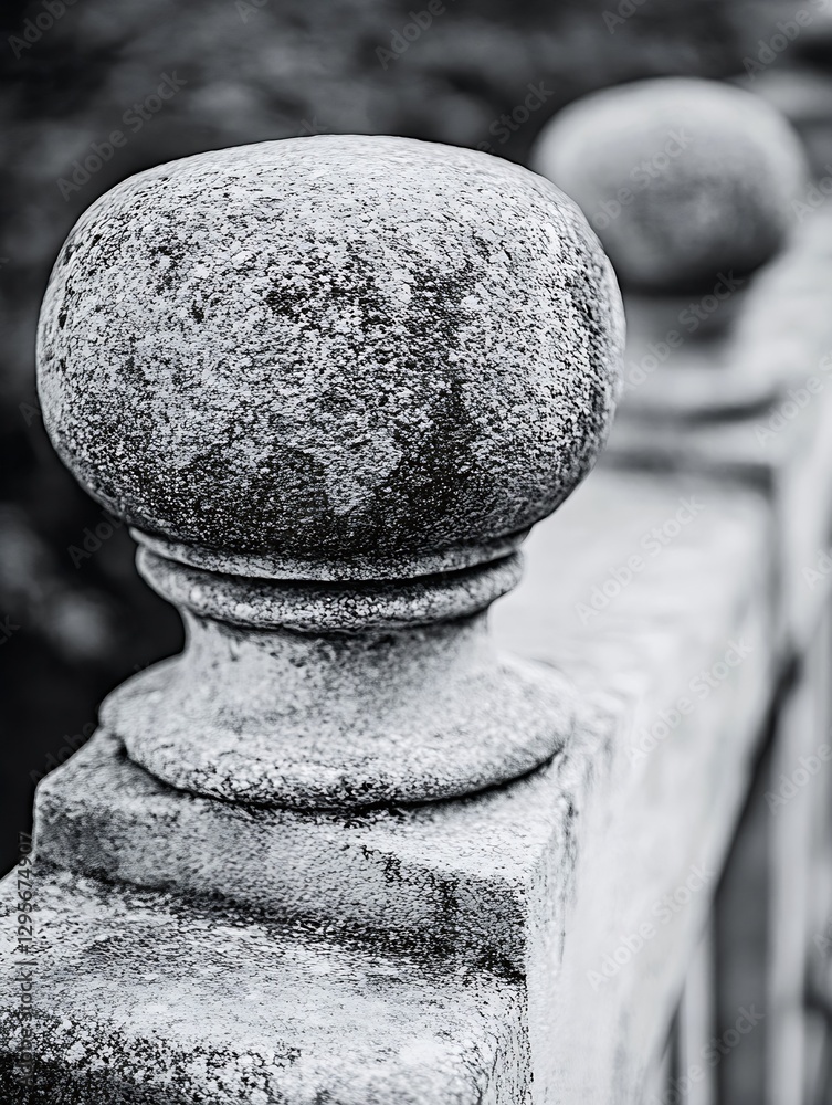 Poster artistic closeup of decorative stone railing with round finials in a vintage style : generative ai