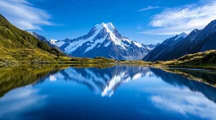 Naklejka premium Breathtaking Scenic View of SnowCapped Mountain Reflected in Serene Lake : Generative AI