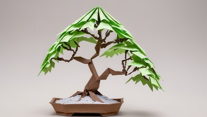  intricately crafted origami bonsai tree showcasing vibrant leaves and a textured trunk