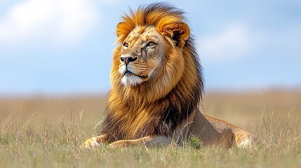 Obraz premium A lion laying in a grassy field with a blue sky in the background