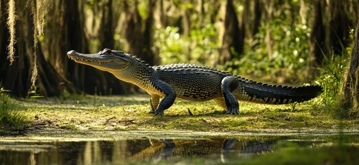 Obraz premium Majestic Alligator Walking Along the Marshy Bank Surrounded by Lush Greenery and Sunlit Canopy in a Serene Wetland Habitat