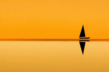 Fototapeta premium Black sailboat silhouette on golden water reflects at sunset.