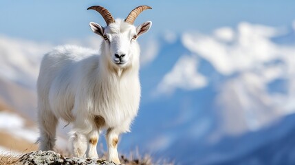 Obraz premium Majestic Mountain Goat Standing Proudly on a Rock Against a Scenic Mountain Backdrop : Generative AI