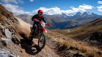 Fototapeta premium An adrenalinefilled motorcyclist riding on a rugged mountain trail against a stunning background : Generative AI