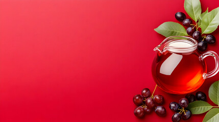 concept of grape vinegar against a red background Superior Stock Photo of a Grape Vinegar Bottle with a Bright Red Background, Highlighting the Deep Shades and Stylish Packaging.