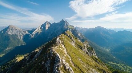 Breathtaking Mountain Range with Lush Green Hills and Clear Blue Sky : Generative AI