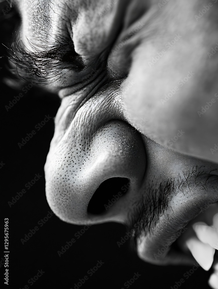 Poster expressive black and white portrait capturing the raw emotion of a person with closed eyes and clenc