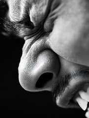 Expressive black and white portrait capturing the raw emotion of a person with closed eyes and clenched features : Generative AI