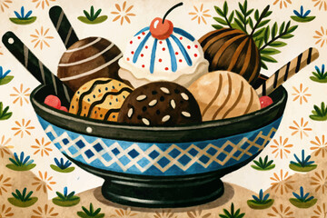 ice cream on bowl with funny background cartoon illustration