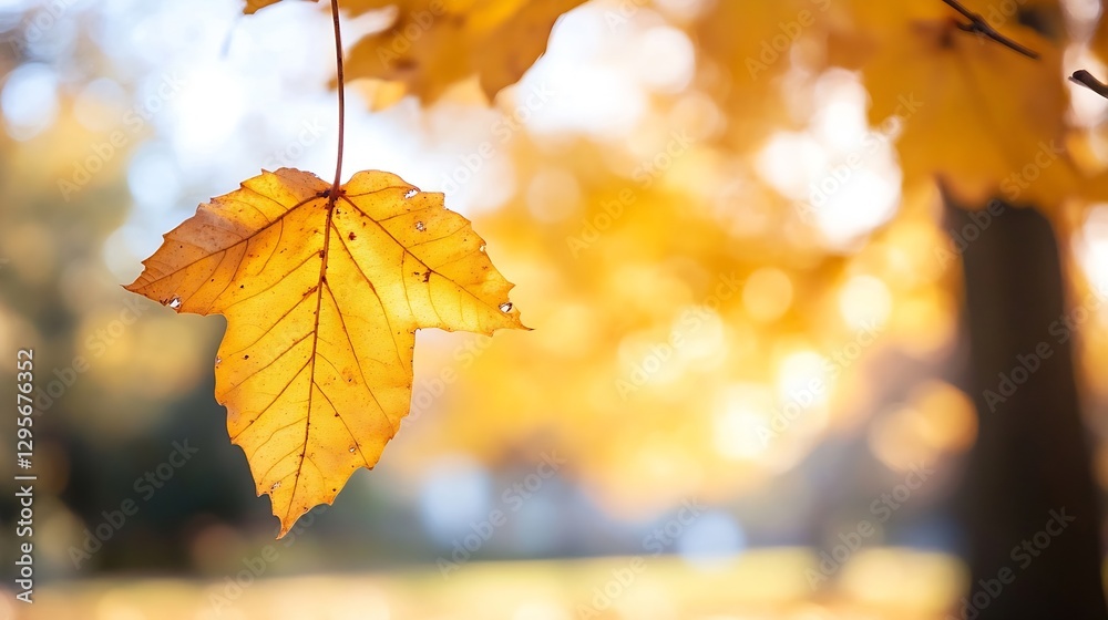 Aufkleber close up of a golden maple leaf hanging in autumn sunlight creating a warm mood : generative ai