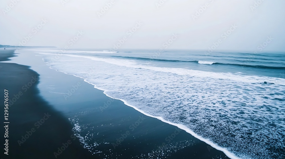 Poster Peaceful view of rolling waves on a foggy beach with a tranquil shoreline and soft earth tones : Generative AI